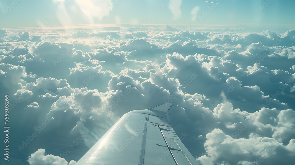 Wall mural amidst a sea of fluffy white clouds, the wing of an airplane glides gracefully through the sky, - Wall murals