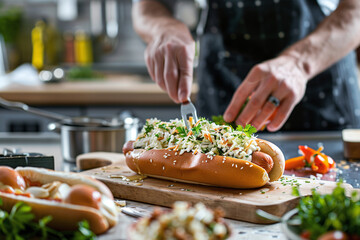 Chef Artfully Garnishing Gourmet Hot Dogs in Modern Kitchen
