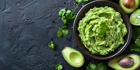 Top view of guacamole, on black background