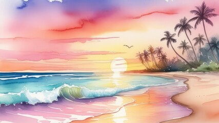 Fototapeta na wymiar against the backdrop of the sunset, palm trees touch the pink sand, the azure waves of the sea take your breath away with their magic. the concept of romance, peace, the beauty of nature and travel.