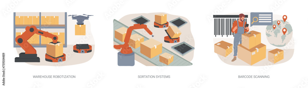 Poster sorting parcels isolated concept vector illustration set. warehouse robotization, sortation systems,