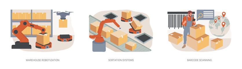 Sorting parcels isolated concept vector illustration set. Warehouse robotization, sortation systems, barcode scanning, forklift, goods storage, conveyor, order processing, QR reader vector concept. - 759304489
