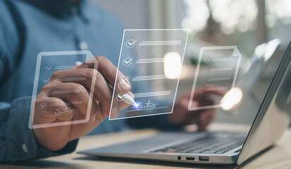 Concept E-signing, electronic signature, document management, paperless office. Lawyer or...