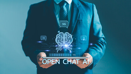 Chat with Ai tech, Artificial Intelligence. businessman hand show virtual screen Internet connect...