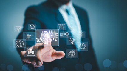 command Ai tech, Artificial Intelligence. businessman hand touch virtual screen Internet connect user Innovation technology brain smart robot. Command set to analyze data and commercial processing.