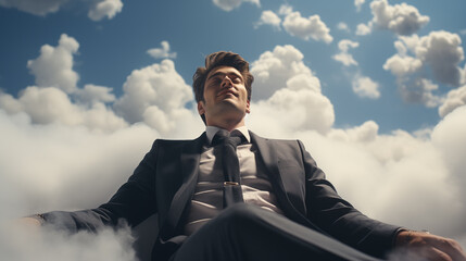 雲の上に浮かんでいるビジネスマン「AI生成画像」