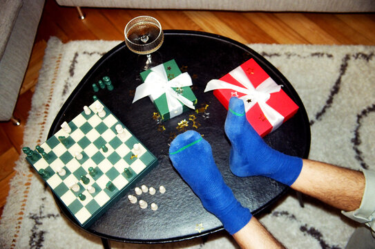 New Year's party, chess, gifts, blue socks, christmas mood