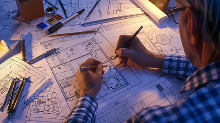 Against a backdrop of graph paper and drafting tools, an architect uses vectors to draft precise blueprints and schematics
