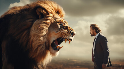 ライオンを戦うビジネスマン「AI生成画像」 - obrazy, fototapety, plakaty
