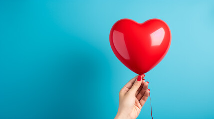A hand holding a red baloon on blue background