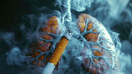 Smoking cigarette butt in human lungs, smoke addiction concept