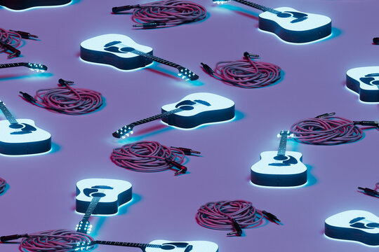 many acoustic guitars and cables