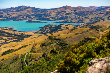 Obraz premium panorama of banks peninsula with winding road on a hill near akaroa harbour; canterbury, new zealand south island