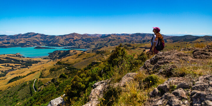 hiker girl admires the panorama of akaroa harbour and banks peninsula from the otepatotu scenic reserve, canterbury, new zealand south island near christchurch