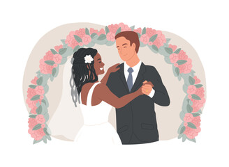 Mixed marriage isolated concept vector illustration. Interracial marriage, different races and religions, happy multiracial family, mixed couple, wedding day rings, traditional vector concept.
