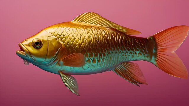 Illustration of a beautiful goldfish with golden scales against a pink background.
