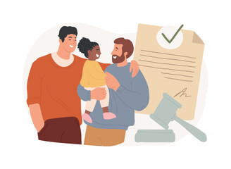 Adoption of a child isolated concept vector illustration. Child parenting, orphanage, adoptive parents, happy interracial family, single parent, african kid, same sex couple vector concept.