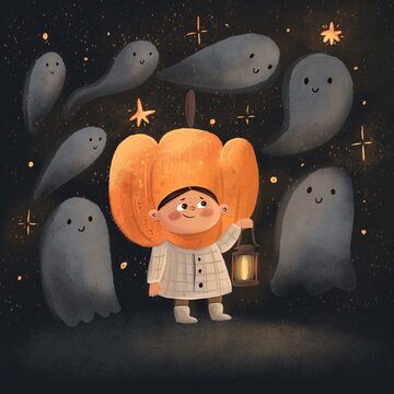 Cute pumpkin girl and little ghosts