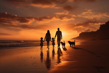夕暮れの海岸を歩く家族の後ろ姿「AI生成画像」