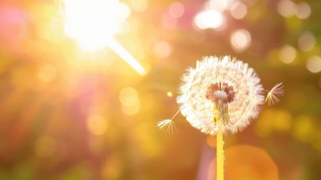 a close up of a dandelion with the sun shining in the background and a blurry image of the dandelion.