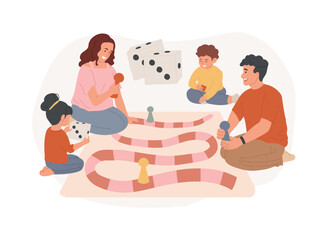 Board games isolated concept vector illustration. Tabletop activities, strategic gaming, stay at home gamers, social isolation free time spending, family fun activity idea vector concept.