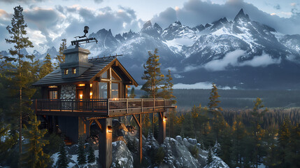
A serene tree house retreat in a mountainous wilderness, surrounded by snow-capped peaks and towering pine trees - obrazy, fototapety, plakaty