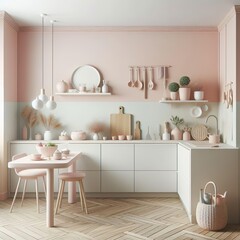 Pastel colored of a kitchen interior mockup.