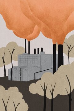 Industrial landscape with factory and trees.