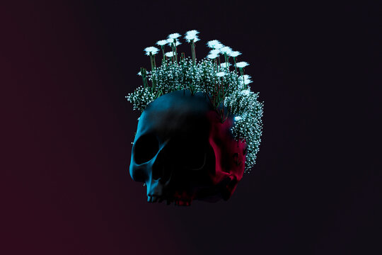 human skull with glowing flowers on its head