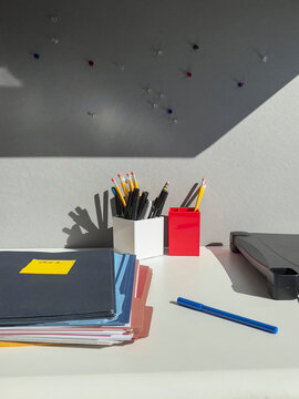 Office Supplies still life on office Cubicle desk background