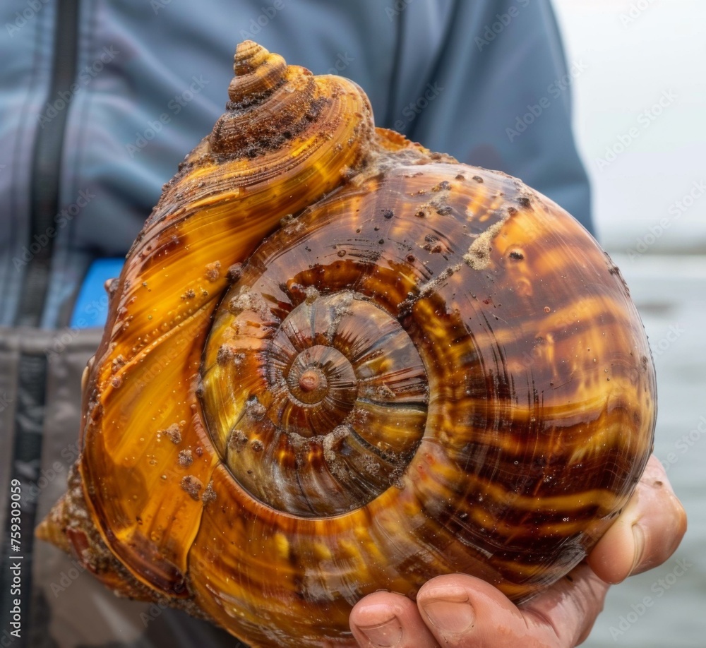 Aufkleber a person holding a large snail shell in front of the ocean. generative ai.
