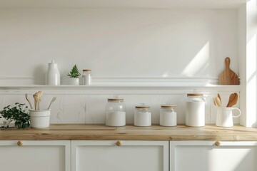 Fototapeta na wymiar White kitchen with wooden counter and jars. Generative AI.