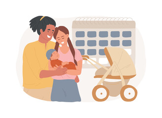 Parental leave isolated concept vector illustration. Family maternity paternity leave, happy family, take care of baby, mother and newborn child, father walking playing with son vector concept.