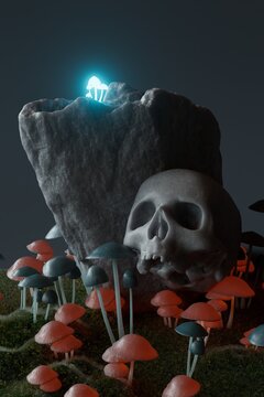 human skull and poisonous mushrooms