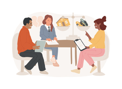 Divorce lawyer service isolated concept vector illustration. Family lawyer, divorce process, legal service consultation, law firm aid, child support, life estate deeds advice vector concept.