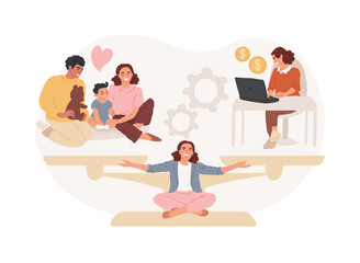 Balancing work and family isolated concept vector illustration. Work and life balance, happy family, mom doing business, dad at home, kids at office, time management, freelance vector concept.
