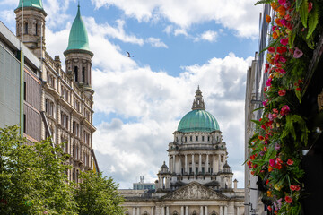 Floral decoration and Belfast City Hall in Northern Ireland, UK