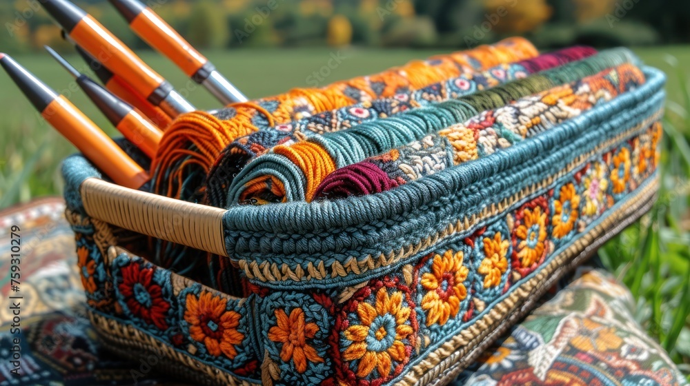 Poster a close up of a bunch of knitting needles in a basket on a blanket in the grass with a field in the 