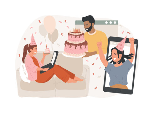Online birthday party isolated concept vector illustration. Virtual celebration, happy people, quarantine event, birthday cake candle and confetti, video call, family fun, gift vector concept.