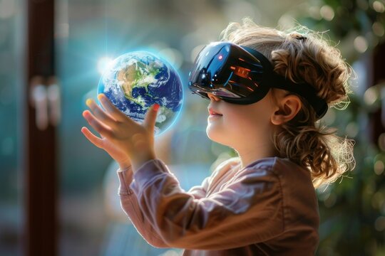 Child virtual reality holding globe