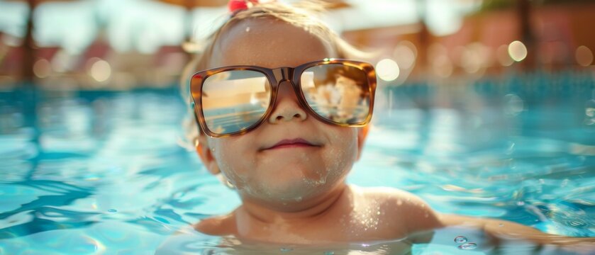 A baby wearing sunglasses in a swimming pool. Generative AI.