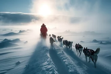 Schilderijen op glas Frozen journey, person with sled of dogs traverses snowy antarctica, an epic adventure through icy landscapes with loyal canine companions, exploring the remote and pristine wildernes © Ruslan Batiuk