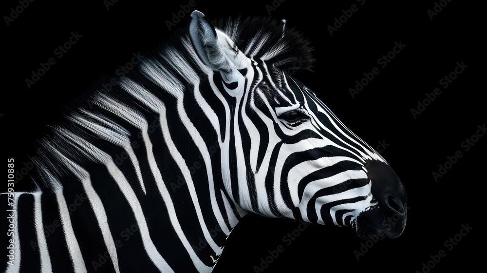 Poster a close up of a zebra's head on a black background with the light shining on the zebra's head.