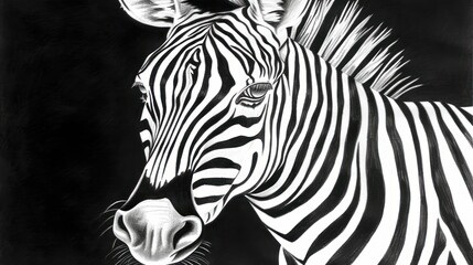 Fototapeta na wymiar a black and white drawing of a zebra with its head turned to the right and the other side of the zebra's face to the left.