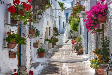 Fototapeta premium Narrow street white walls flowerpots Greece