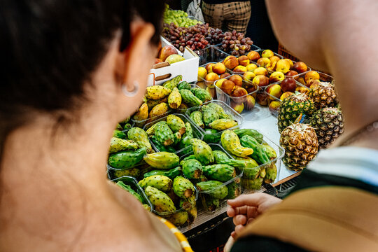 Cactus fruits and other exotic fruits at the street market