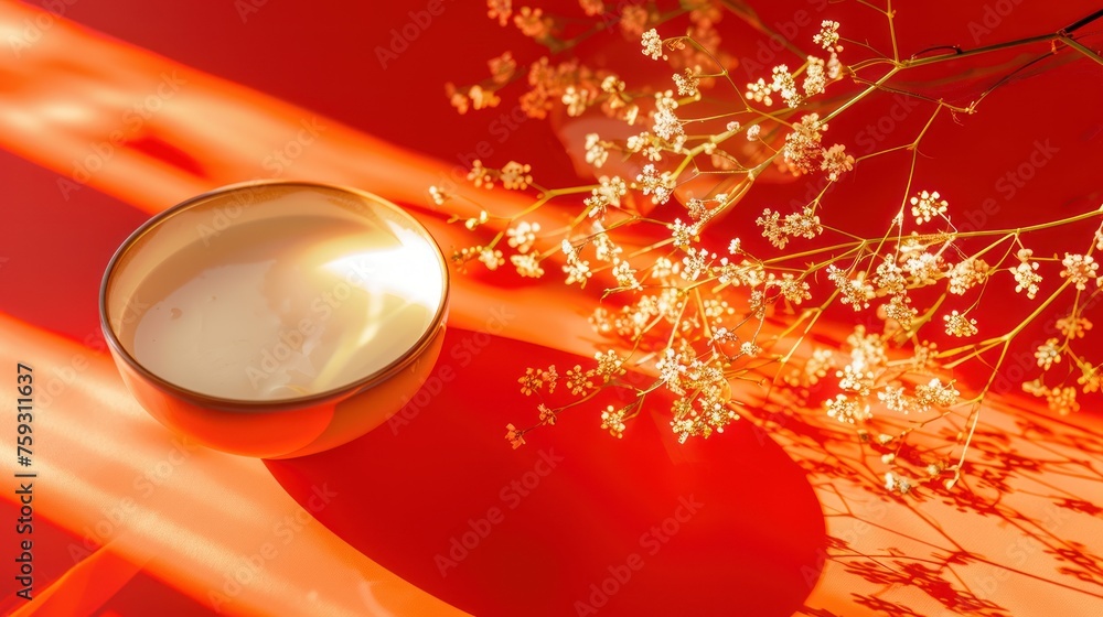 Poster a close up of a candle on a table next to a vase with flowers on it and a red background.