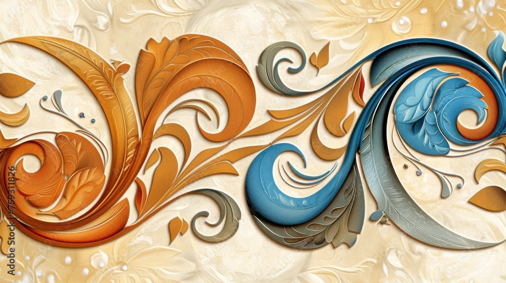 Poster a close up of a painting on a wall with a swirly design on the bottom of the wall and the bottom of 