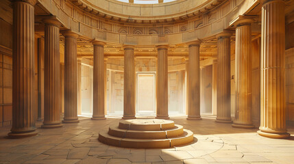 Ancient Greco-Roman hall interior with a circular stone podium surrounded by grand Corinthian columns - obrazy, fototapety, plakaty