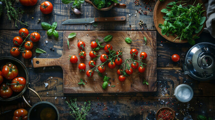 Artisanal cooking setting with a wooden cutting board clusters of cherry tomatoes